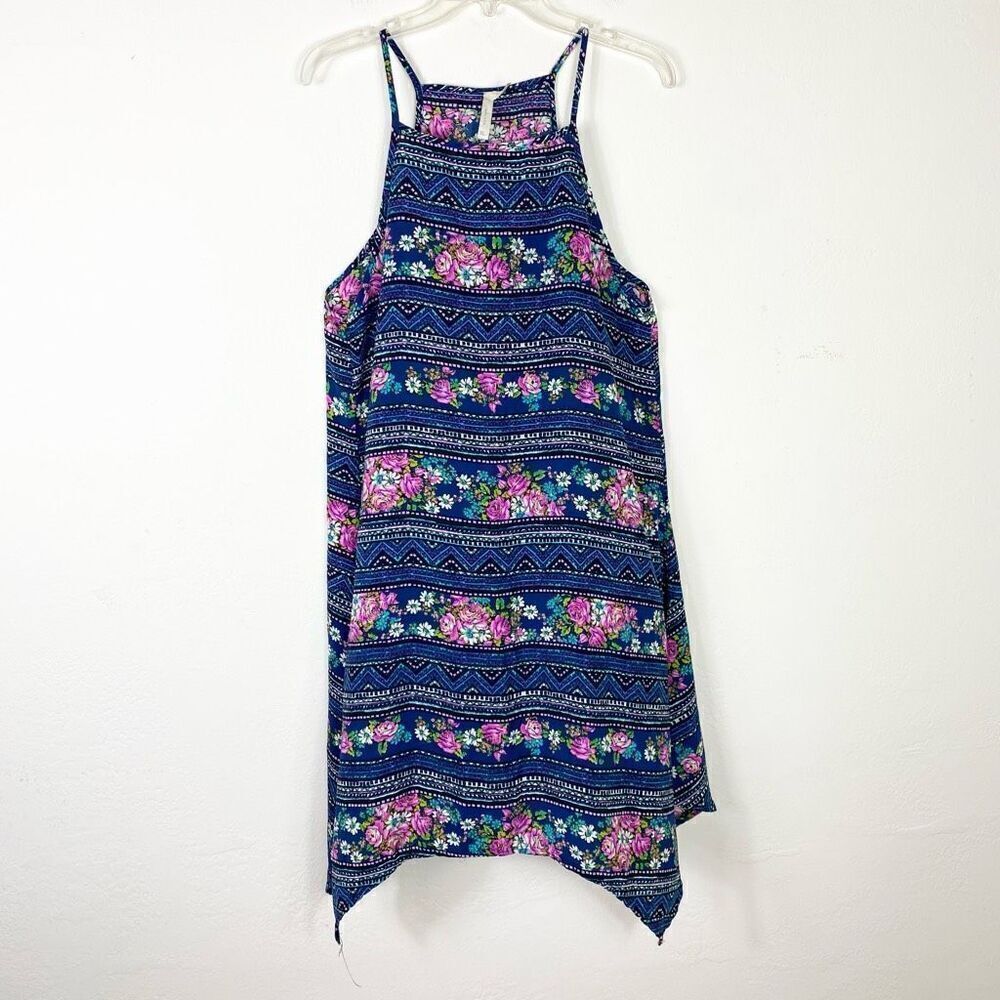 Jesse & J Navy & Pink Floral Zigzag Sleeveless Handkerchief Hem Dress Size XL
